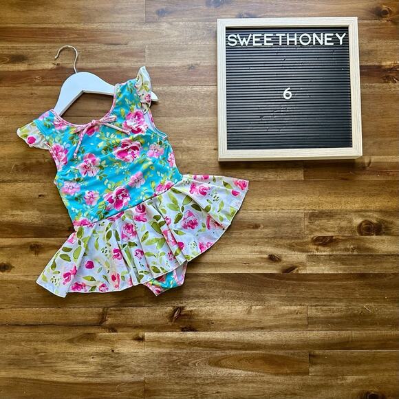 SweetHoney Sleeveless Skirted Leotard Swirly Aqua Blue Pink Cream Green Floral 6 - Picture 1 of 6